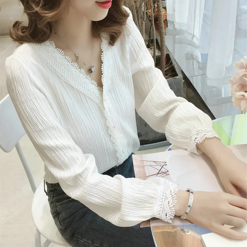 S-2XL Autumn Design Women's Lace V-neck Blouse Plus Size Long Sleeve Loose Solid Color Fashion Bottomed Tops Casual Shirt