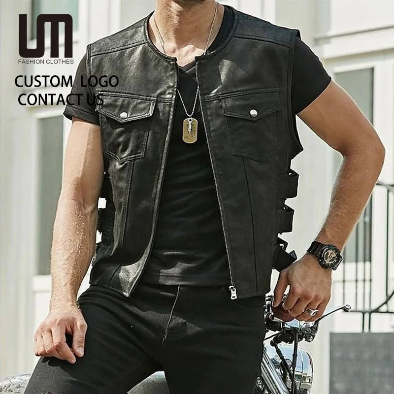 Liu Ming Vintage Fashion Trending Men Sleeveless Motorcycle Zipper Pockets Leather Biker Waistcoat Vests Jackets