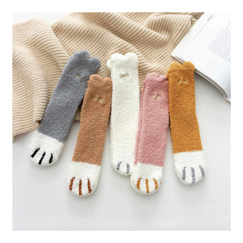 Autumn Winter Warm Thick Embroidery Cat Design Floor Socks Sleep Mid Tube Socks