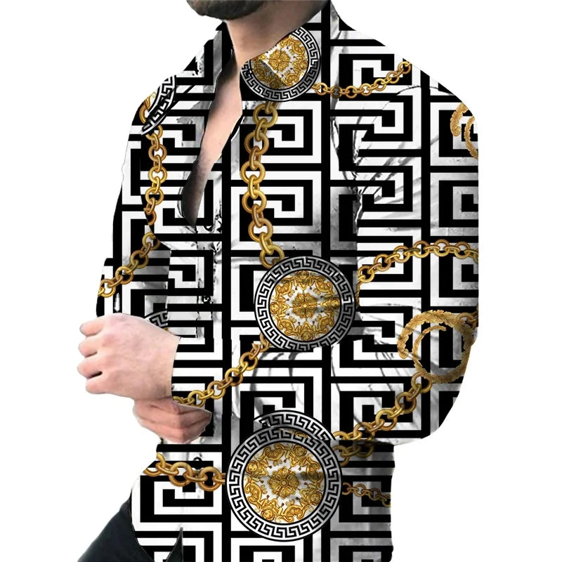 New Design Printed Men's Long Sleeve Floral Button-Up Geometric Shirts Breathable Summer Party Prom Wedding Shirt