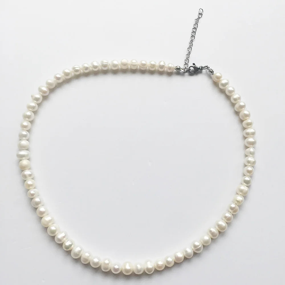 16 Inch+5 CM Nature FRESHWATER PEARL Choker NECKLACE stainless Steel CLASP -6-7 mm Potato Shape Pearl-A Grade Pearl