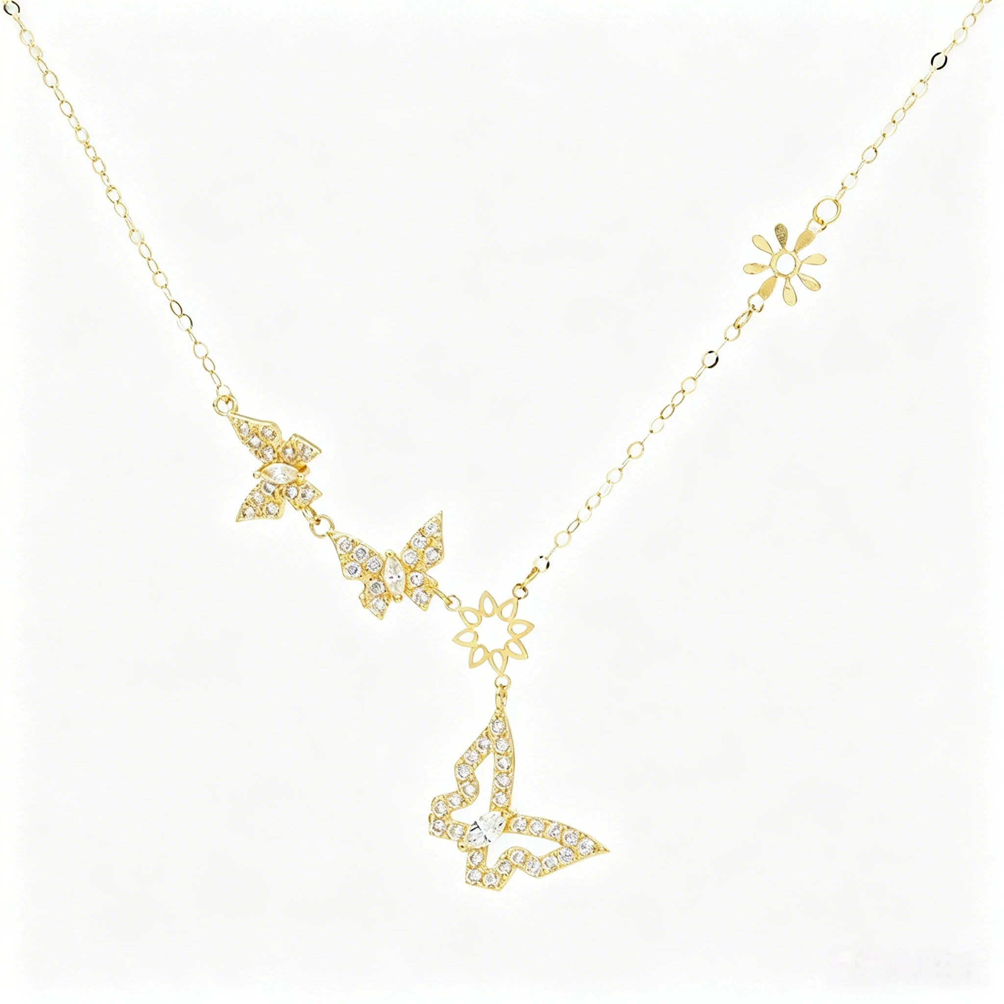 18K Gold Butterfly Fine Pendant Necklace Korean Dainty Diamond Statement Chain Genuine Gold Flower Charm Necklace for Women