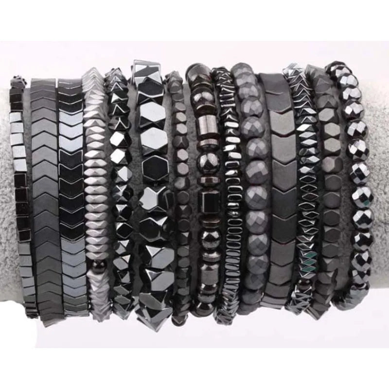 Jingcan crystal multi shapes hematite beads bracelets jewelry black men stretch bracelet hematite