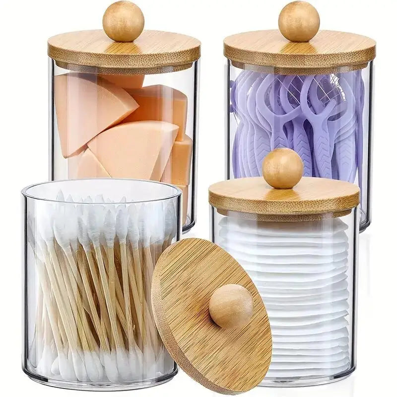 4 Pack Qtip Holder Dispenser Clear Plastic Apothecary Jar Containers Vanity Makeup Organizer Storage for Cotton Swab Ball Pads