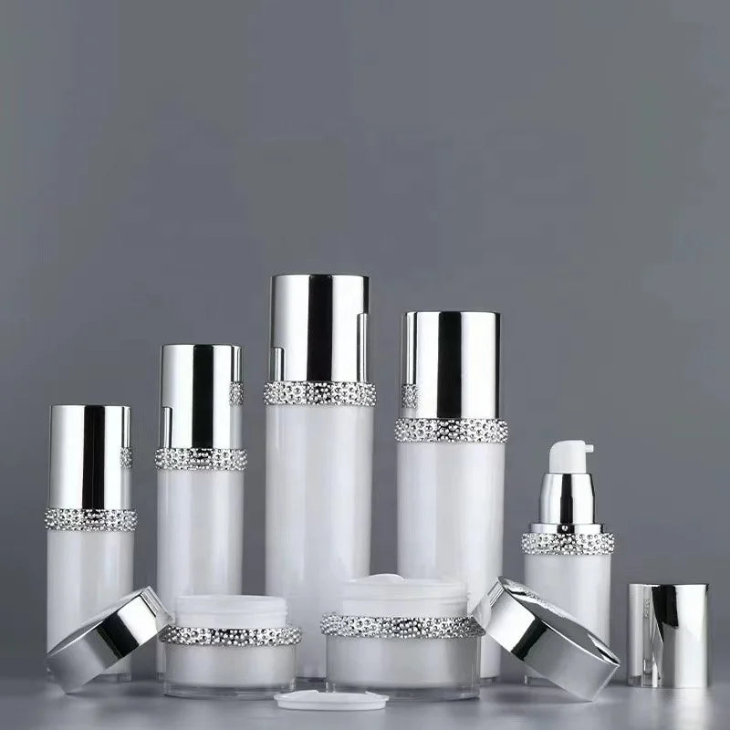 Luxury High-End PET Plastic Cosmetic Packaging Set Pearl White Lotion Spray Bottle Cream Jar False Eyelashes