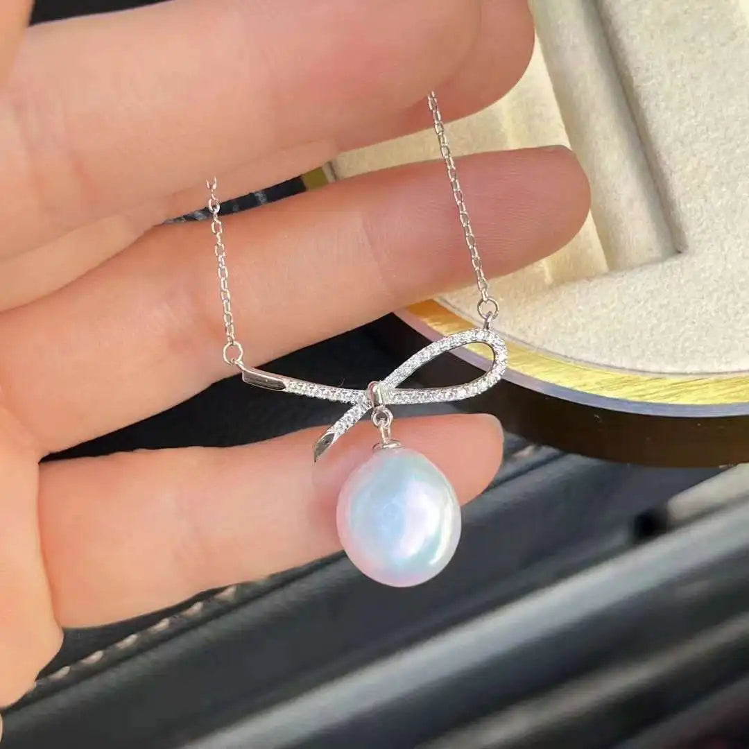 European Plain Chain Style New French Silver Bow Necklace Natural Baroque Button Freshwater Pearl Premium Pearl Necklaces