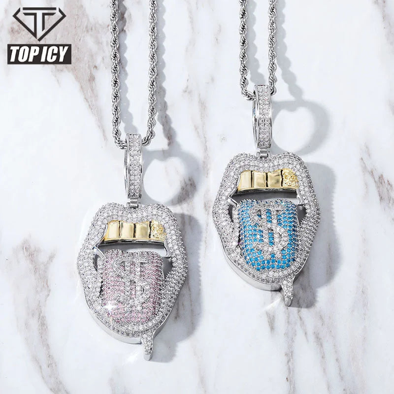 New Arrival Latest Design Pendants With Tongue Shape Dollar Sign Iced Out Money Lips Pendants Hip Hop MegaBDM