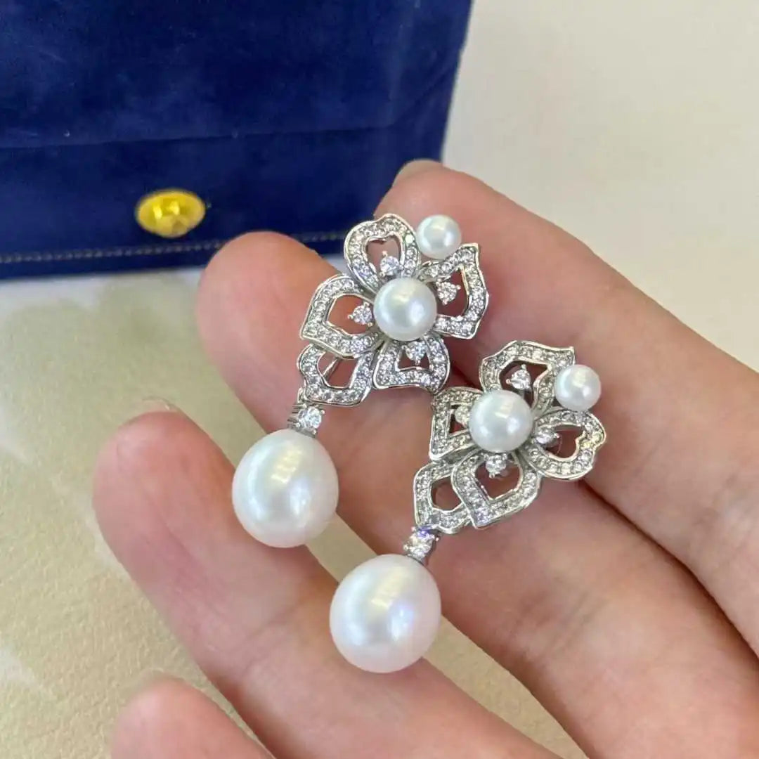 Starry Sky 3-6mm Small Pearl Inlaid Flower Earrings 9-10mm Natural Freshwater Rice Drop Dream Pearl Water Shaped Pearl Earrings