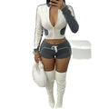 Color Block Sport 2 Piece Sets Outfit Women Autumn Tracksuits Zip Jacket + Drawstring Shorts Suits