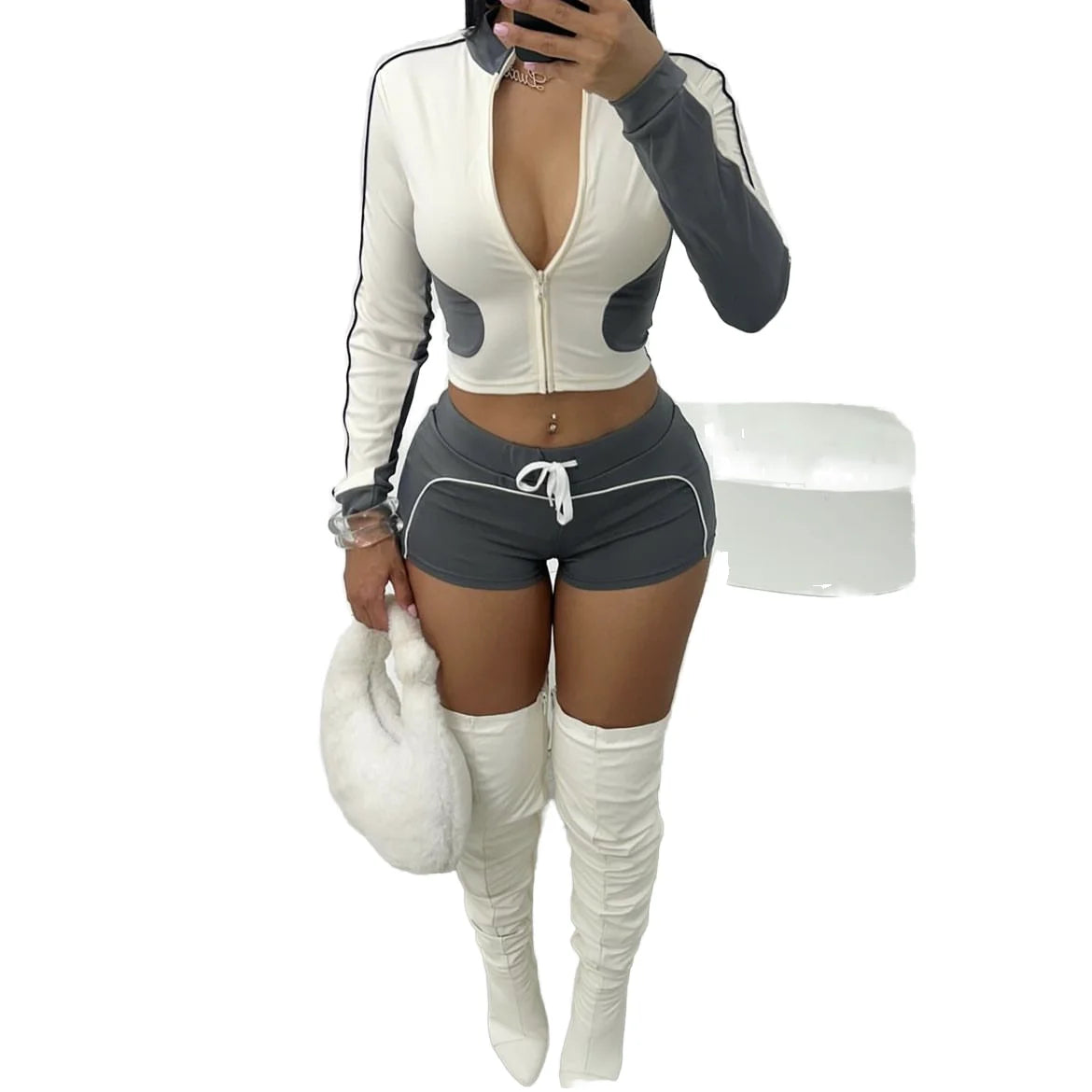 Color Block Sport 2 Piece Sets Outfit Women Autumn Tracksuits Zip Jacket + Drawstring Shorts Suits