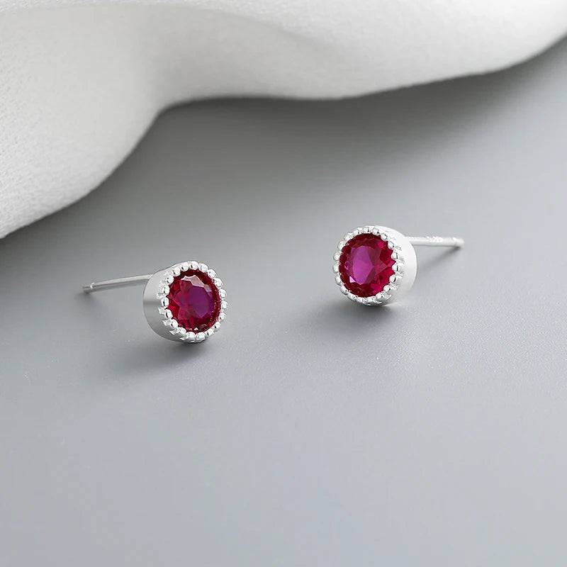 Wholesale Luxury Red Aaa Cubic Zirconia 925 Sterling Silver Round Stud Earrings for Women Classic Vintage Style for Weddings