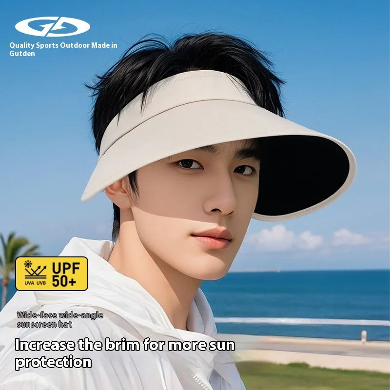Large Brim Summer UV Protection Visor for Men Breathable Black Rubber Outdoor Use Top Empty Face-XMZ292