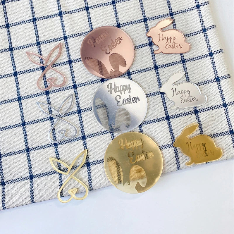 Easter Bunny Cake Decorations Rabbit Animal Ornaments Silver Circle Acrylic Cake Topper Decor Baking Supplies Happy Easter Day