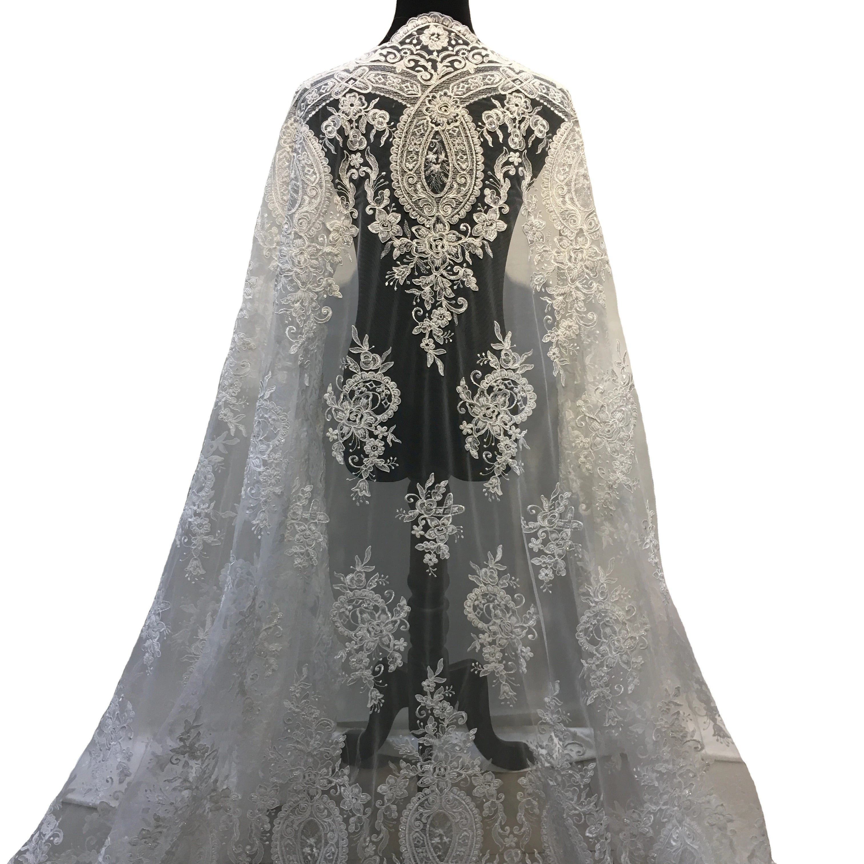 Vintage Ivory 3D Embroidery Lace Fabric Bridal Luxury Lace Fabric Nigerian Beaded Tulle Fabric for Weddings