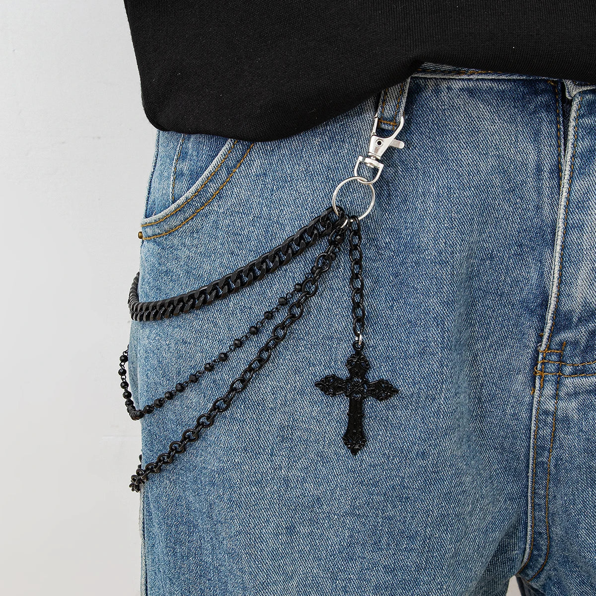 Hip Hop Street Multilayer Cross Pendant Black Beads Chain Pants Chain Trendy Casual Wearing Fashionable Jewelry Accessories Gift