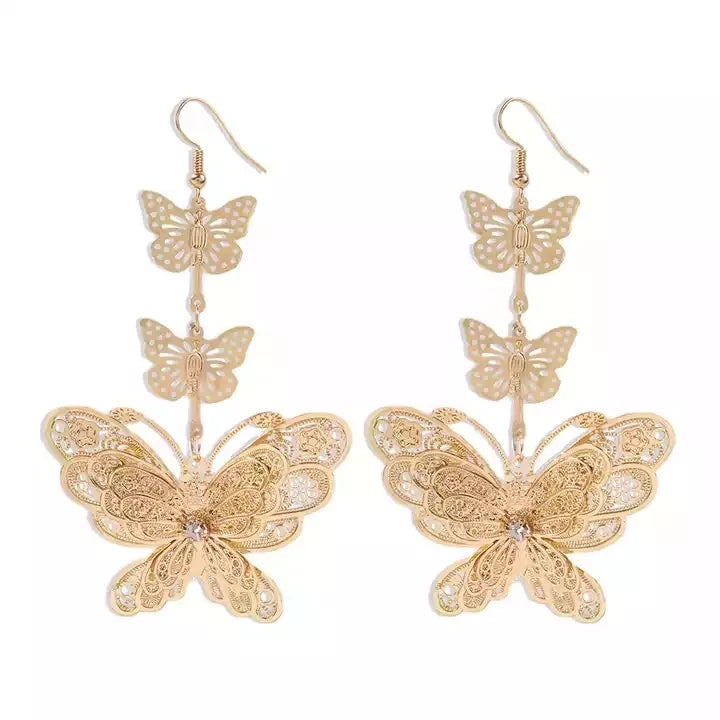 Trendy Personality Long Earrings Gold Plated Jewelry Exaggerated Three Layer Butterfly Earrings for Women Girls