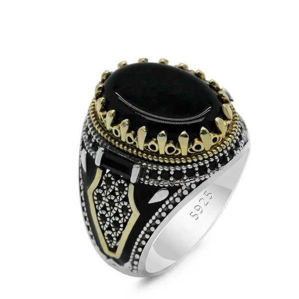 DAIHE Personality Retro Men's Fashion Jewelry Ring Black Agate Punk Rings for Men