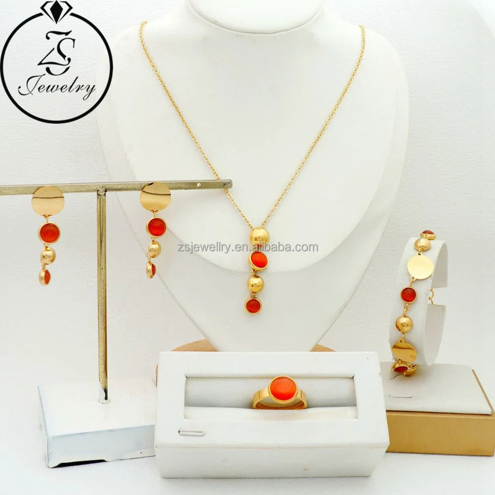 Novelty Real Jewelry Bracelet Big Design Women Wedding Red Stone Emerald Stainless Steel Gold Plated Girl Gift Sets