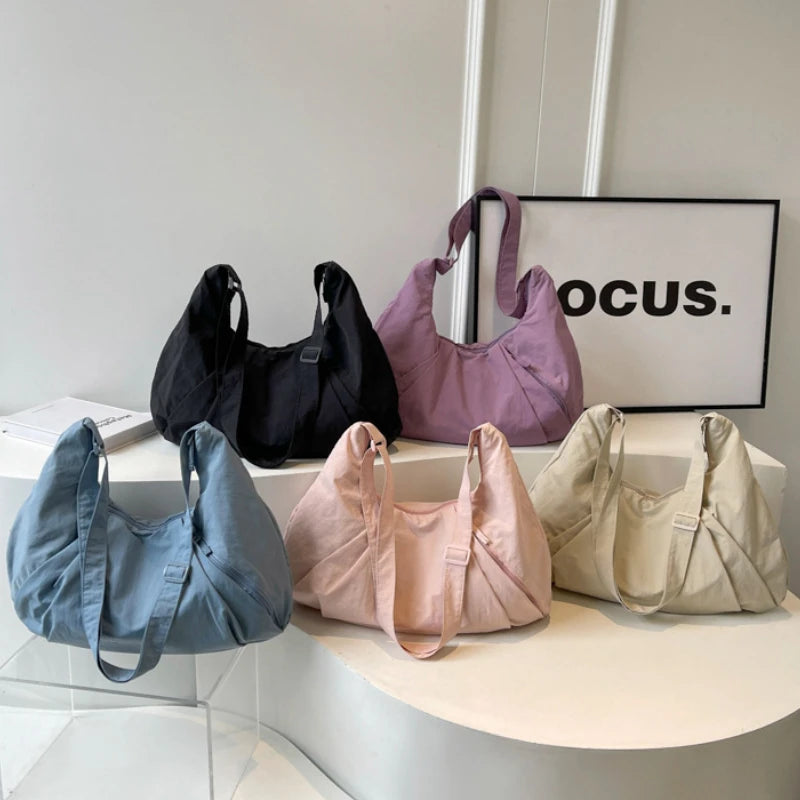 Fashion Pleated Nylon Women's Shoulder Bag Solid Color Casual Ladies Handbag Simple Large Capacity Female Messenger Bags Tote