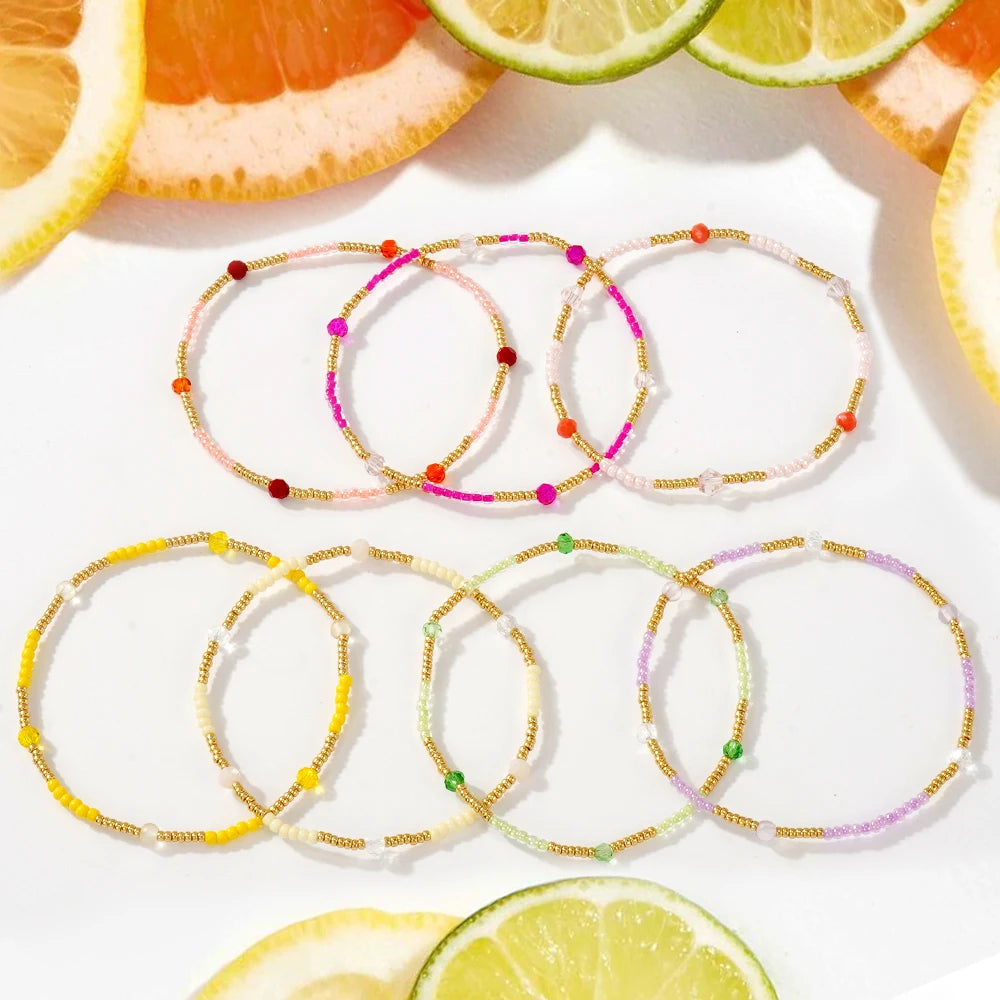Go2boho Handmade 7pcs Glass Bead Bracelets Set Colorful Elastic Stackable Jewelry for Women Summer Fashion Accessories