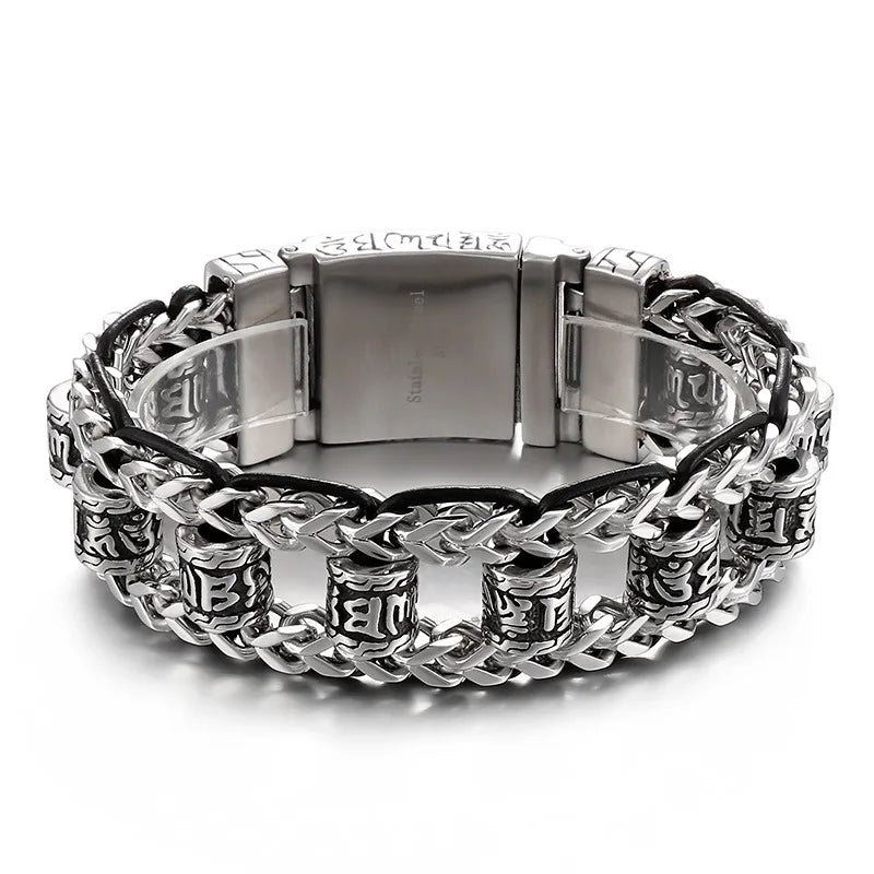 Hip Hop Punk Jewelry Stainless Steel Keel Chain Braided Leather Rope Skull Bracelet Men Ancient Ethnic Symbols Charms Bracelet