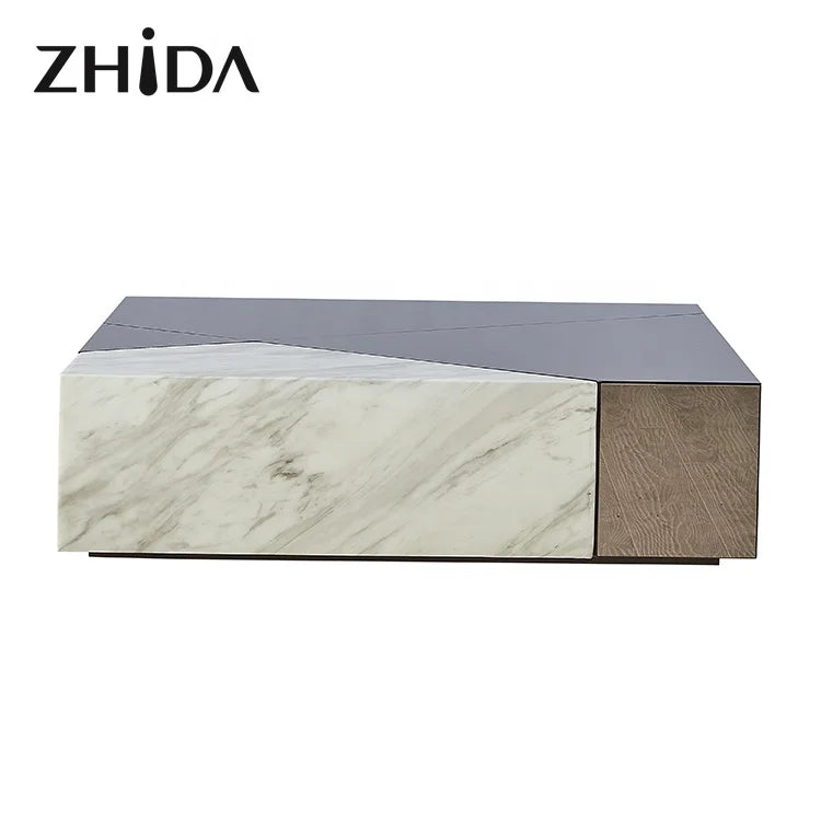 Zhida Wholesale High End Light Luxury Gold Home Artificial Marble and Glass Coffee Table Set MegaBDM