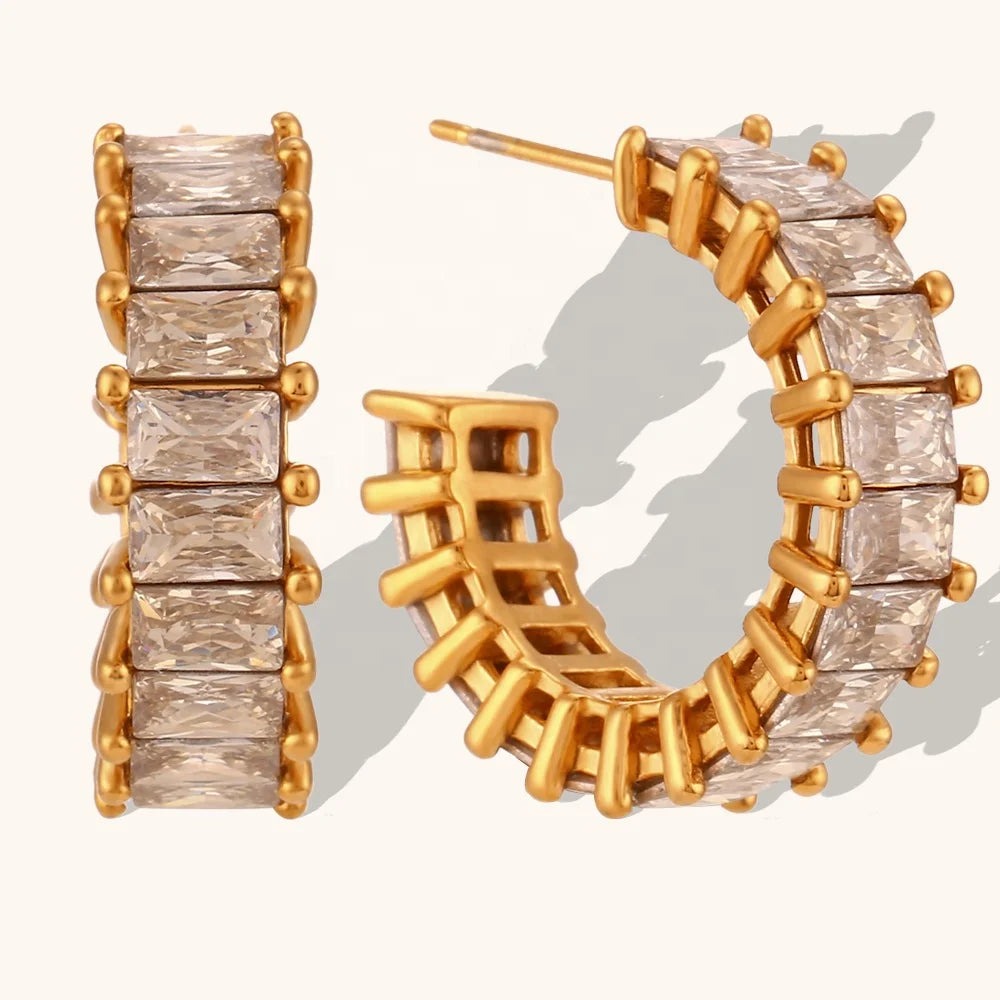 Ding Ran New Style Shining Zircon Hoop Earring 18k Gold Plated Stainless Steel C Shaped Earrings