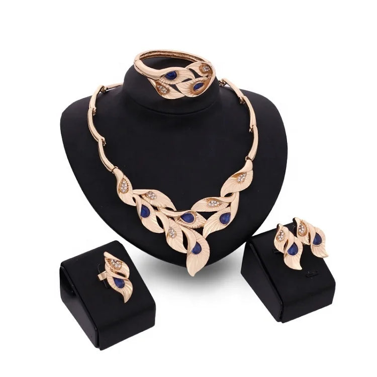 Women African Fashion Jewelry Sets 4 Pcs Necklace Earring Bridal Jewelry Set Gold Luxury Dubai Willow Leaf Wedding Custom Trendy