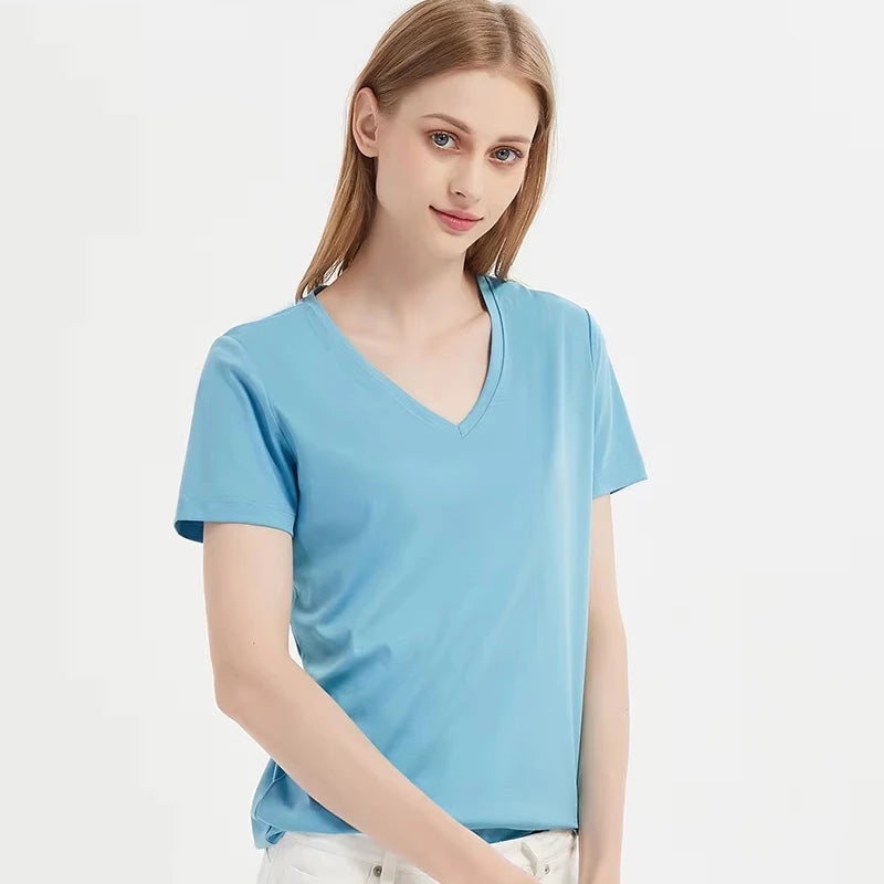 Custom Logo Summer Cotton T-Shirt Women Loose Fit Short Sleeve Crew Neck Ruffled Collar Print V Neck T Shirt for Women