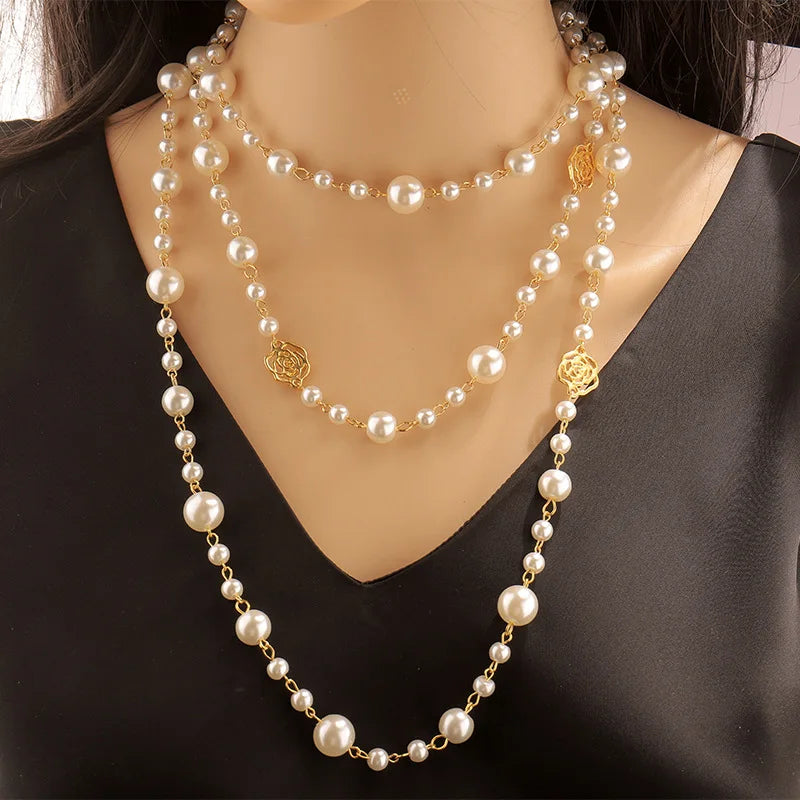 YH021 Fashion Hollow Flower Pearl Necklace Women Multi Layers Pearls Long Style Necklace Jewelry