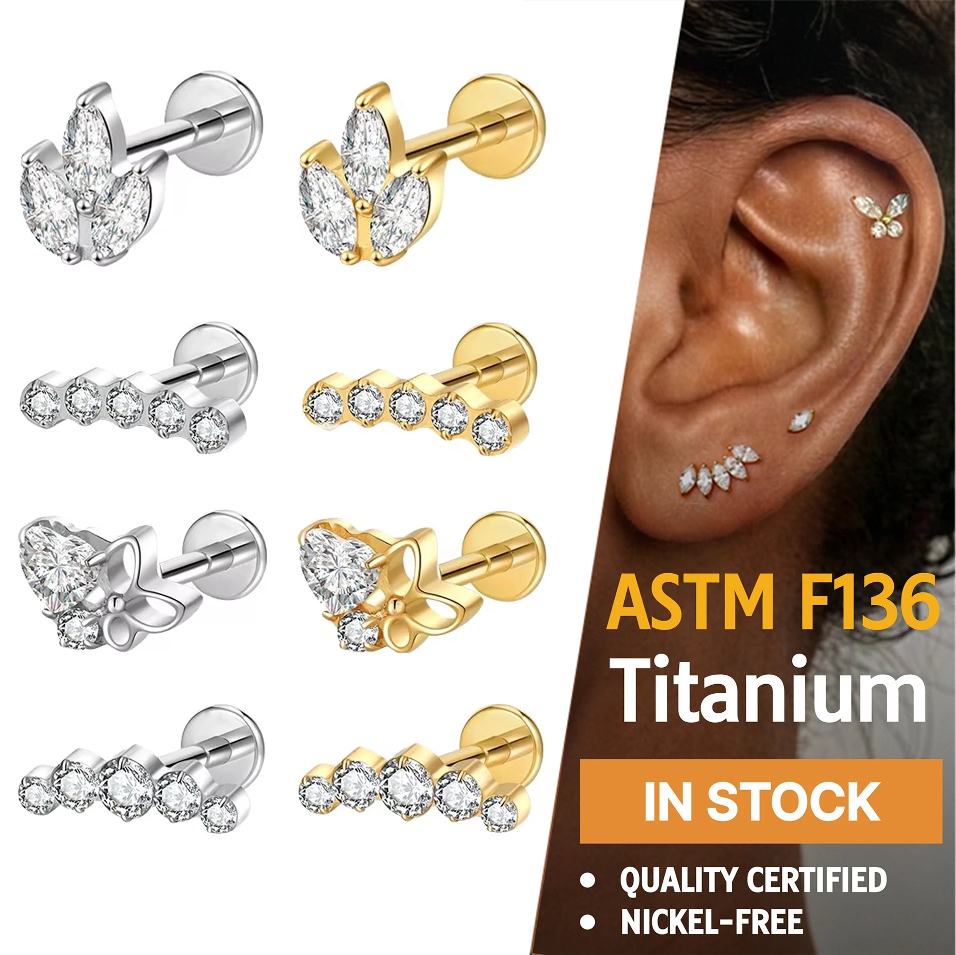 JIAXIN ASTM F136 Implant Grade Titanium Butterfly Marquise CZ Internally Threaded Labret Helix Tragus Lip Body Piercing Jewelry