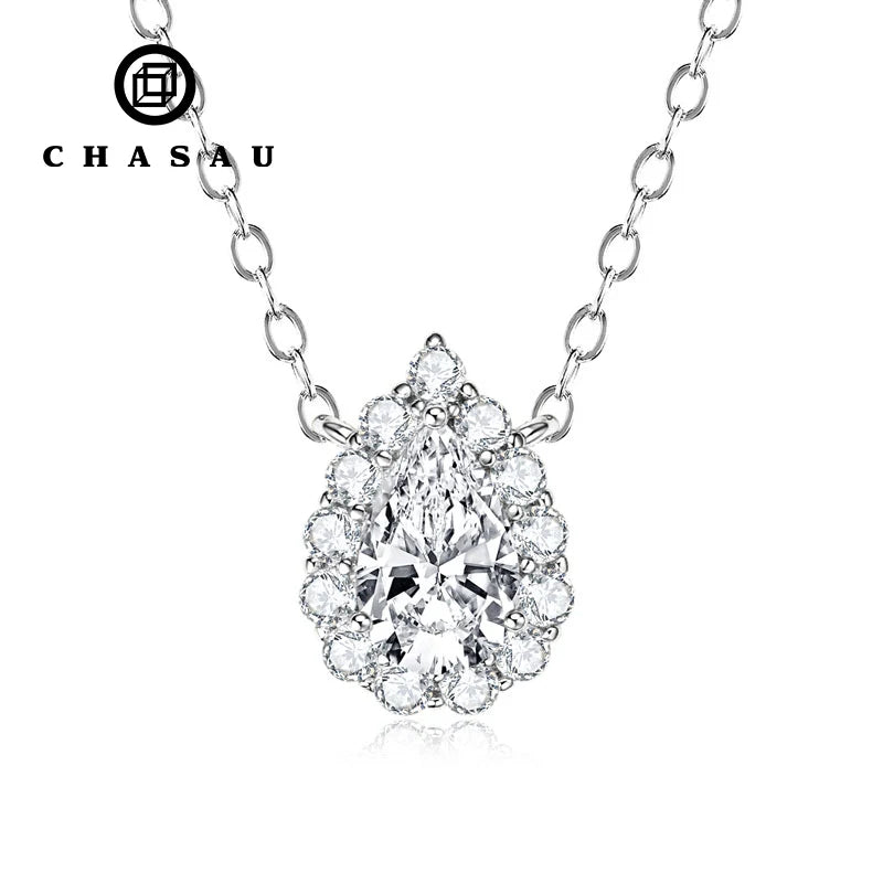 S925 Sterling Silver Wedding Gem Necklaces 1 Carat 1ct Pear Shaped Moissanite Halo Waterdrop Necklace Pendant for Women