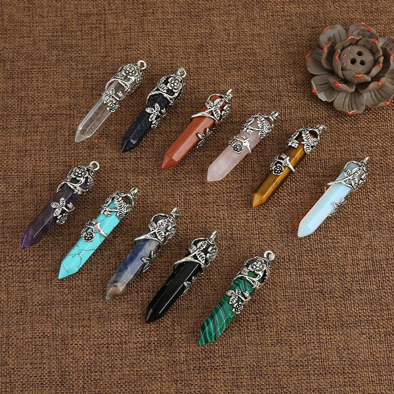 Natural Healing Jewelry Natural Stone Pendant Wire Wrap Hexagonal Bullet Amethysts Quartz Crystal Pendant for Necklace