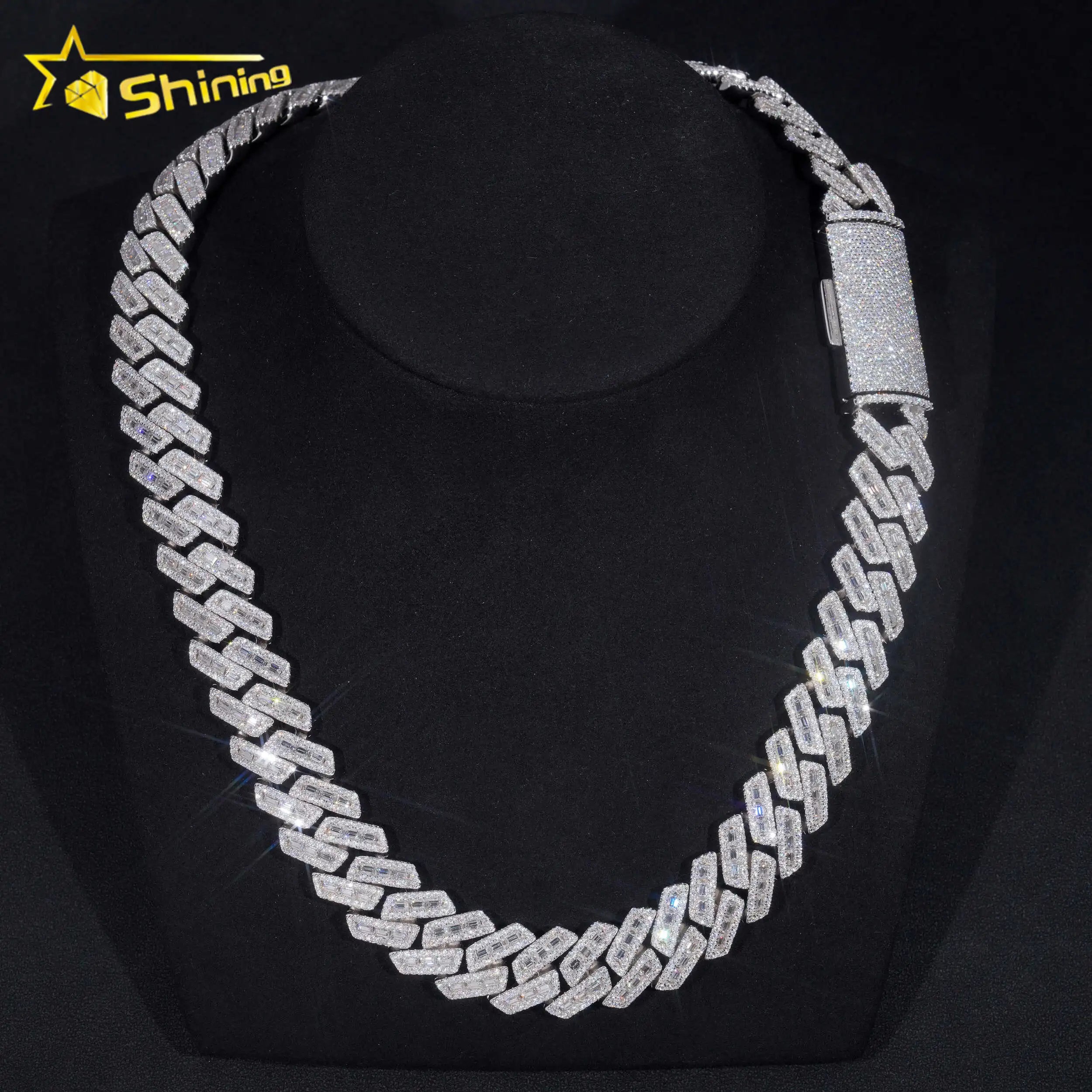 Hip Hop Sterling Silver 18MM Iced Out VVS Moissanite Baguette Diamond Cuban Link Chain Luxury Bling