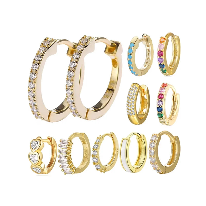 Popular Minimalist 925 Sterling Silver Fine Jewelry Classic Colorful Zircon Huggie Hoop Earrings 18K Gold Plated