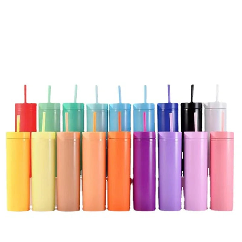 Plain Matte Colored 480ml Plastic Double Wall Water Acrylic Skinny Matte Tumbler Bottle Drinking Tumbler Cup With Straw