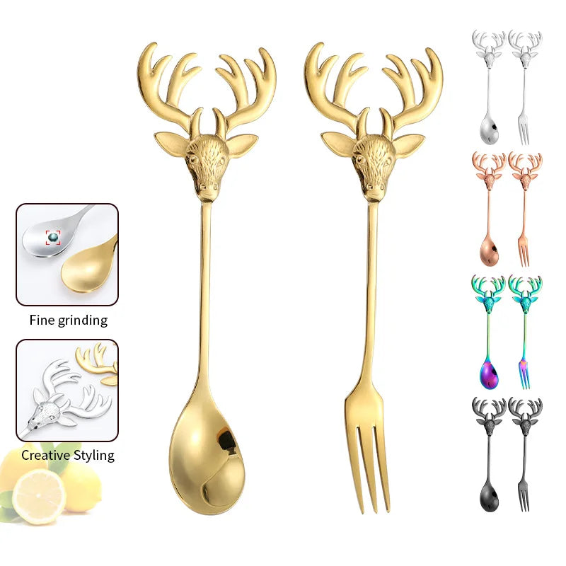 High Quality Creative Elk Handle Stainless Steel Flatware Fork Spoon Coffee Spoon Silverware Fruit Fork Dessert Spoon Cutlery