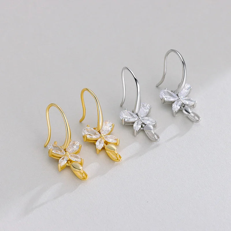 S925 Sterling Silver Inlaid Diamonds Butterfly Accessories Pearls Jade Earring Hook Holder DIY Jewelry Making Supplies