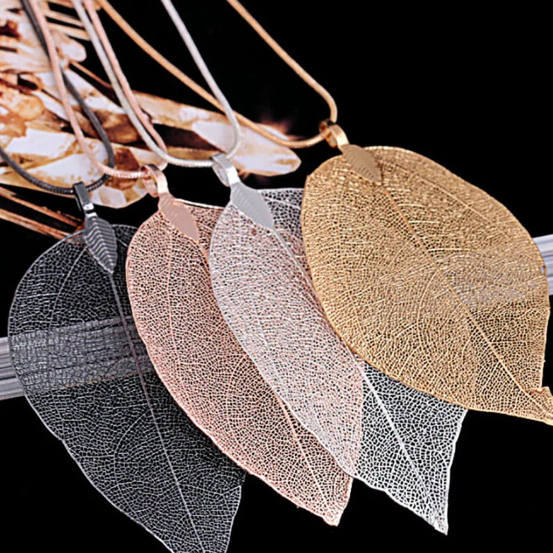 Lateefah OEM Natural Real Leaf Specimen Gold Plated Necklace Sweater Chain Pendant Necklace for Gift