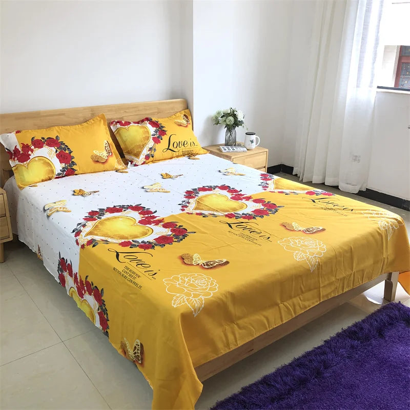 Disposable 3-Piece Bed Sheet Set with Pillowcase Yellow Hearts Floral Pattern Sizes for King Queen Double Single