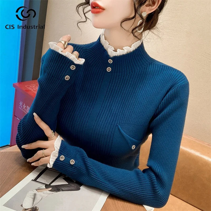 Custom Jacquard Knit Sweater for Women Long Sleeve Plain Pullover Autumn Knitwear with Front Logo