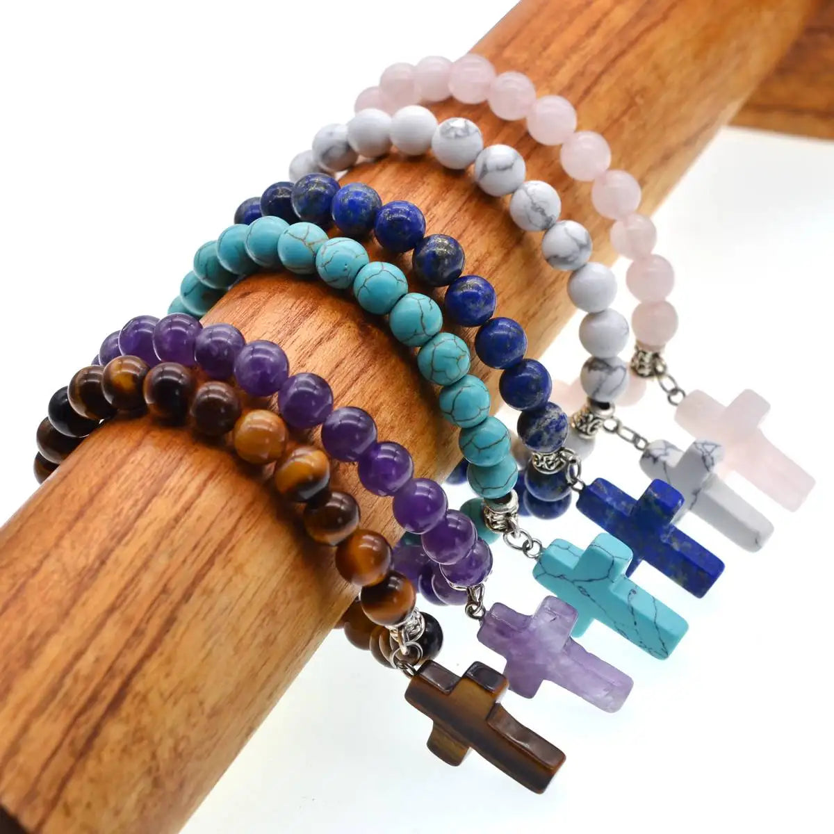 Natural Round Gemstone Beads Bracelets with Cross Pendant for Women Men Elastic Healing Charms Pendant Jewelry