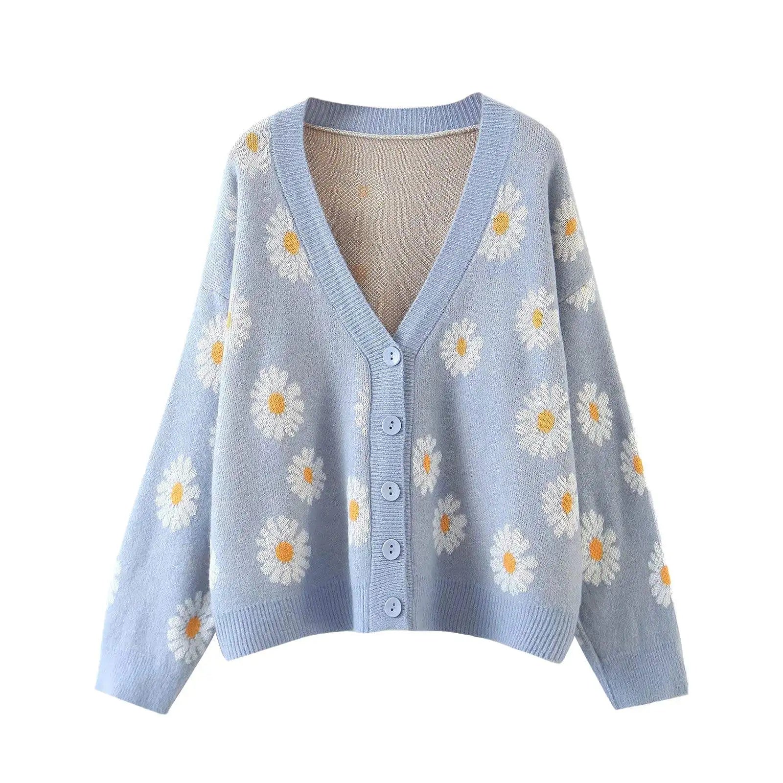 Women's Y2K Vintage Aesthetic 90s Outerwear Floral Print Knit Cardigan Sweater with Long Sleeve V Neck Front Button for Winter