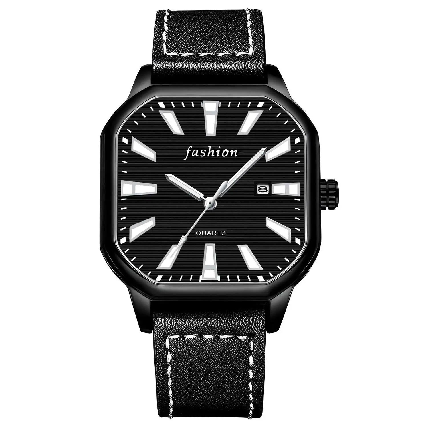 Men's Classic Three Circles Alloy 50mm Quartz Movement Watch Multifunctional Waterproof Leather Band Luminous Glass Window