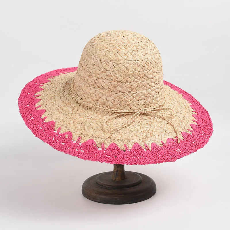 Wholesale Summer New Two Colour Round Crown Wide Brim Sun Hat Crochet Paper Edge Raffia Straw Hat for Women Lady Beach Holiday