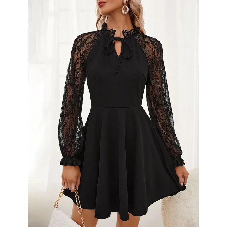 Lace Long Sleeved Dress Wholesale a Line Short Skirt Manufacturer Fashion V Neck Dress Factory Directly