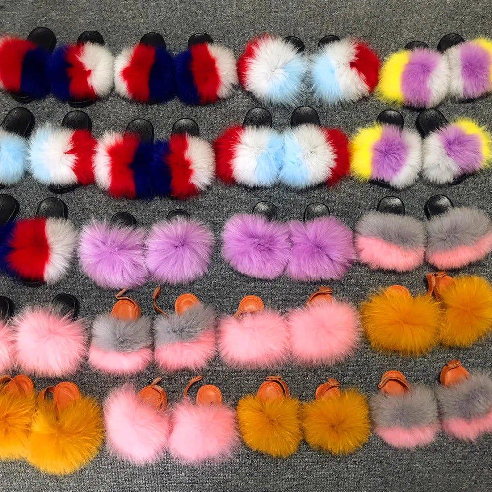 Custom logo Infant Baby Fluffy Real fox Fur Flat Slides Toddler Cute Fur Sandals Girl Kids Raccoon Fur Slippers With Strap