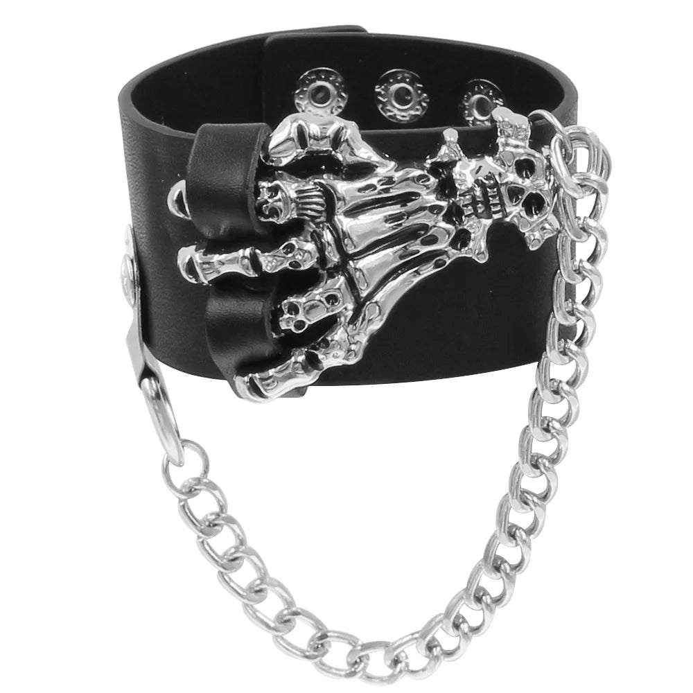 2024 SC Jewelry Wide PU Wristband Punk Bracelets Retro Statement Cuban Chain Tassel Leather Silver Skull Bracelet for Women Men