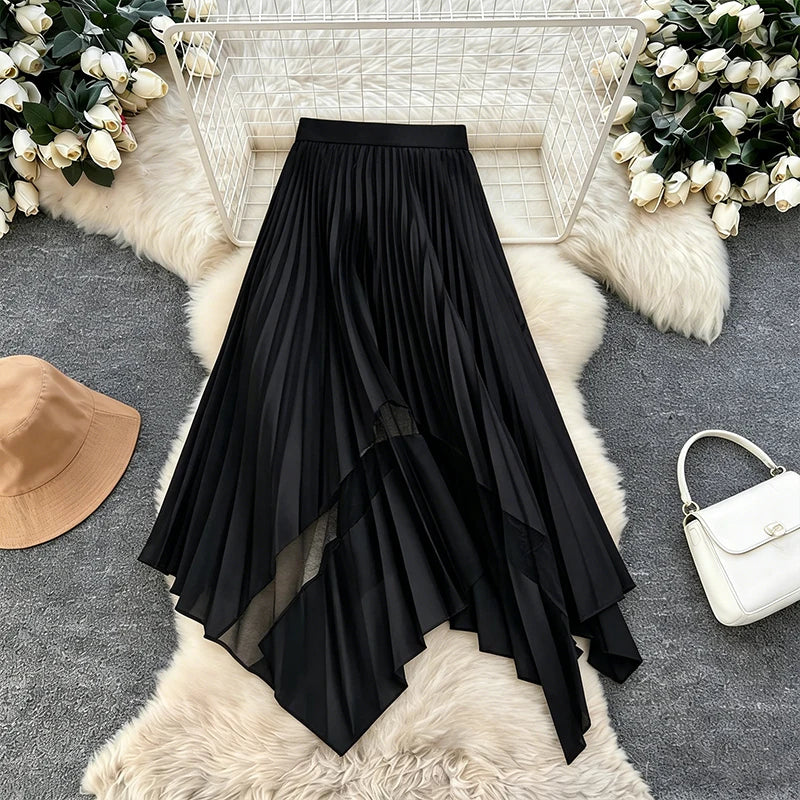 High Waist Elastic Pleated Midaxi Skirt Vintage Style Floral Lace Insert Breathable Black Polyester Chiffon Sexy Print for Plus
