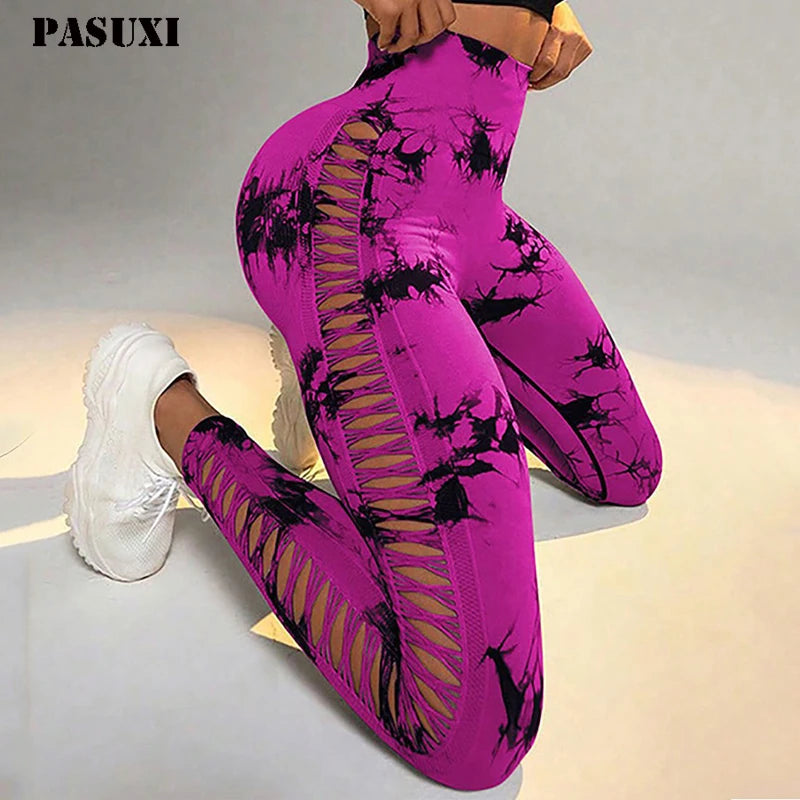 PASUXI Tie Yoga Leggings for Women Side Hollow Pants High Waist Hip -hip Fitness Peach Hip Sports Pants to Pick up Pant
